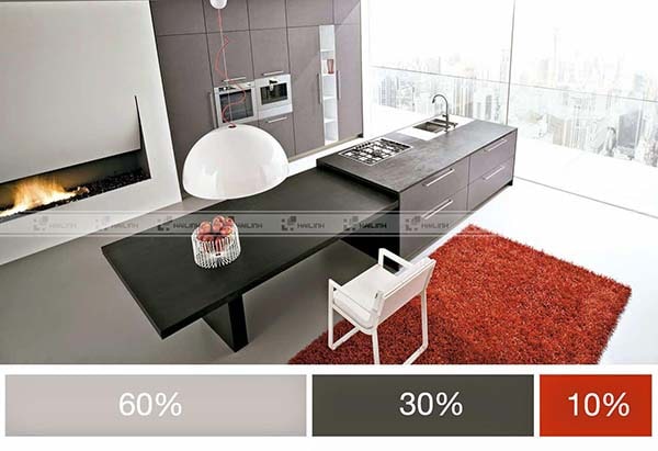 Không gian được bố trí 60% màu chủ đạo là màu xám nhạt kết hợp với 30% xám đậm và 10% màu đỏ